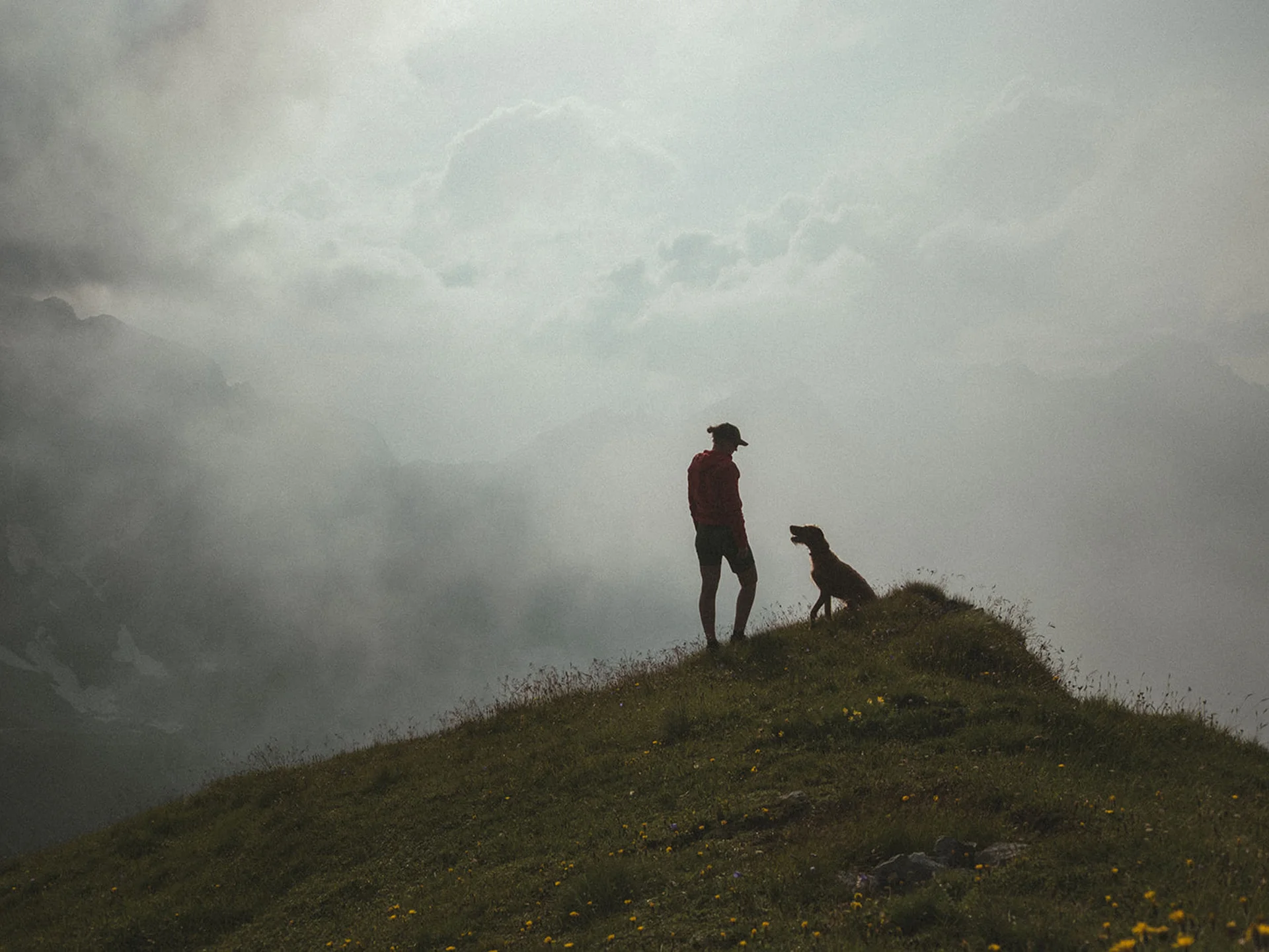 Man with dog on a grassy hill surrounded by fog and clouds