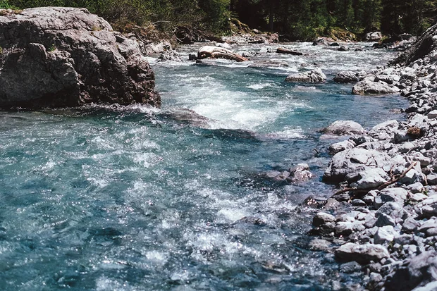 Hotel Aurora: der perfekte Ausgangspunkt für einen Fischerausflug am Lechbach Türkisblauer Wildbach mit Felsen in einem Nadelwald unter blauem Himmel