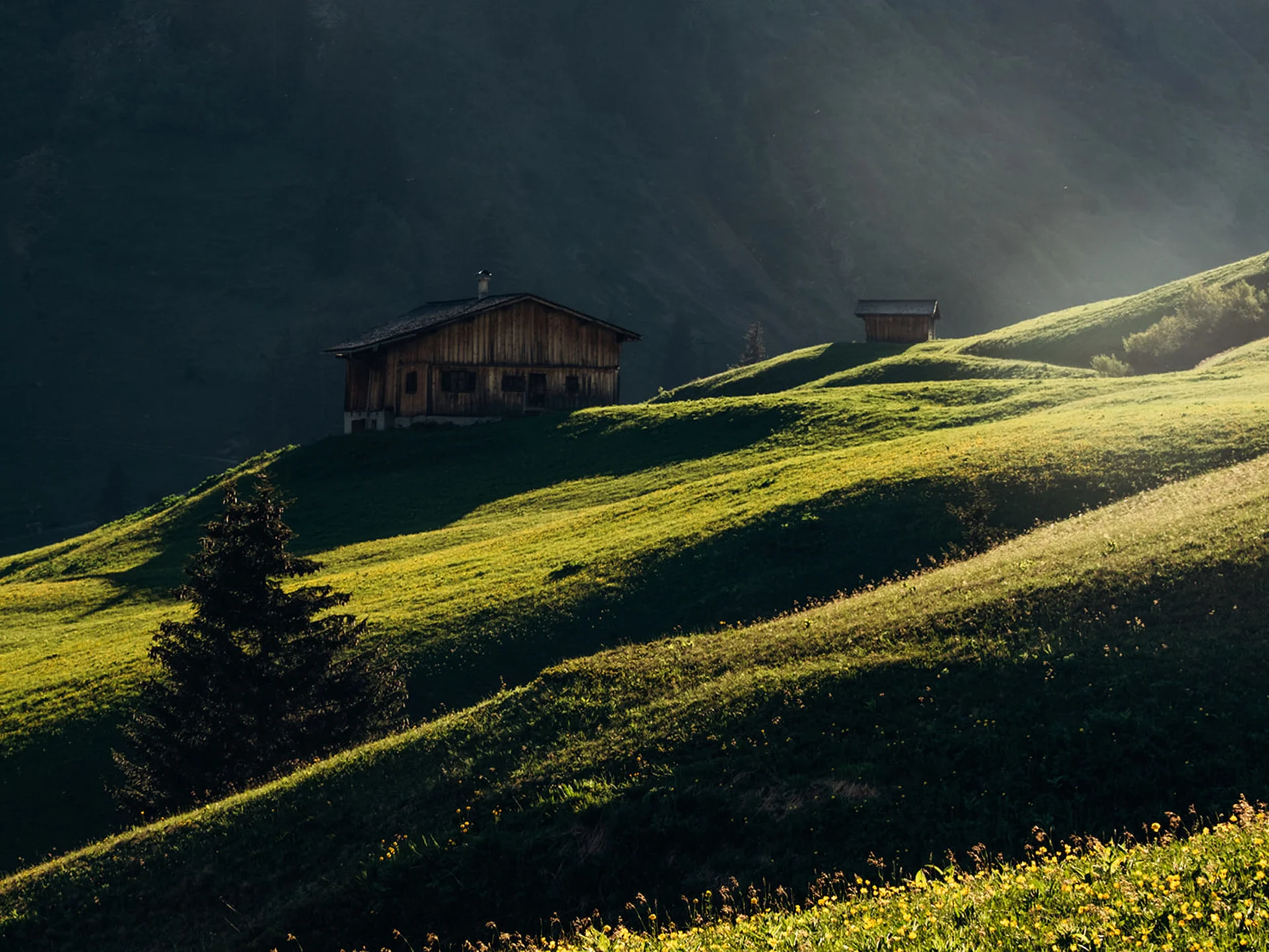 Sunlit green hills with two wooden cabins in the mountains