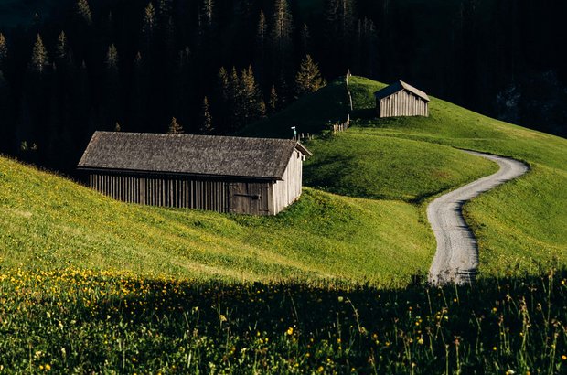 Straße führt über sattgrüne Wiesen vorbei an zwei Hütten.