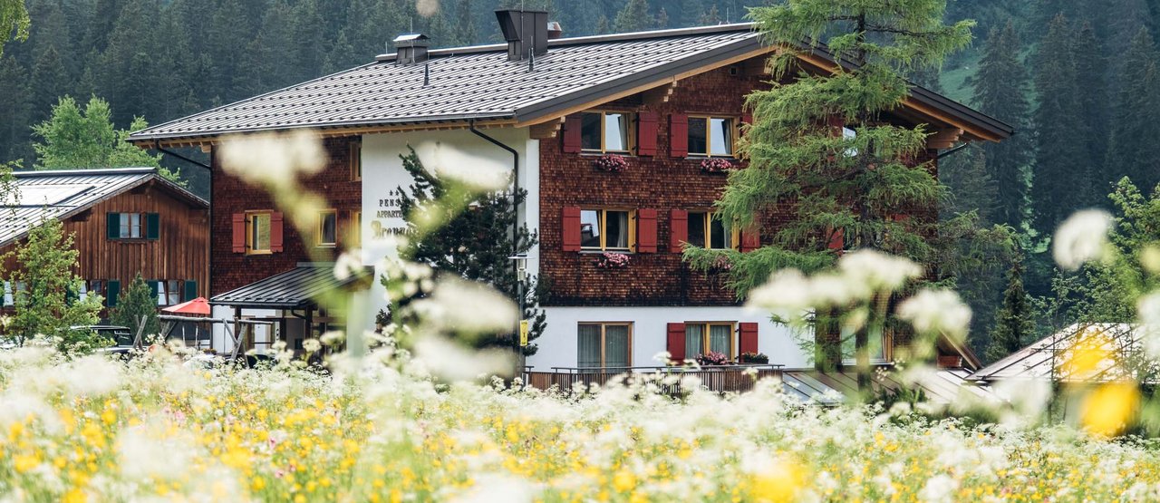Haus Braunarl Aussenansicht Aussenansicht vom Haus Braunarl mit einer gelb,weißen Blumenwiese im Vordergrund.