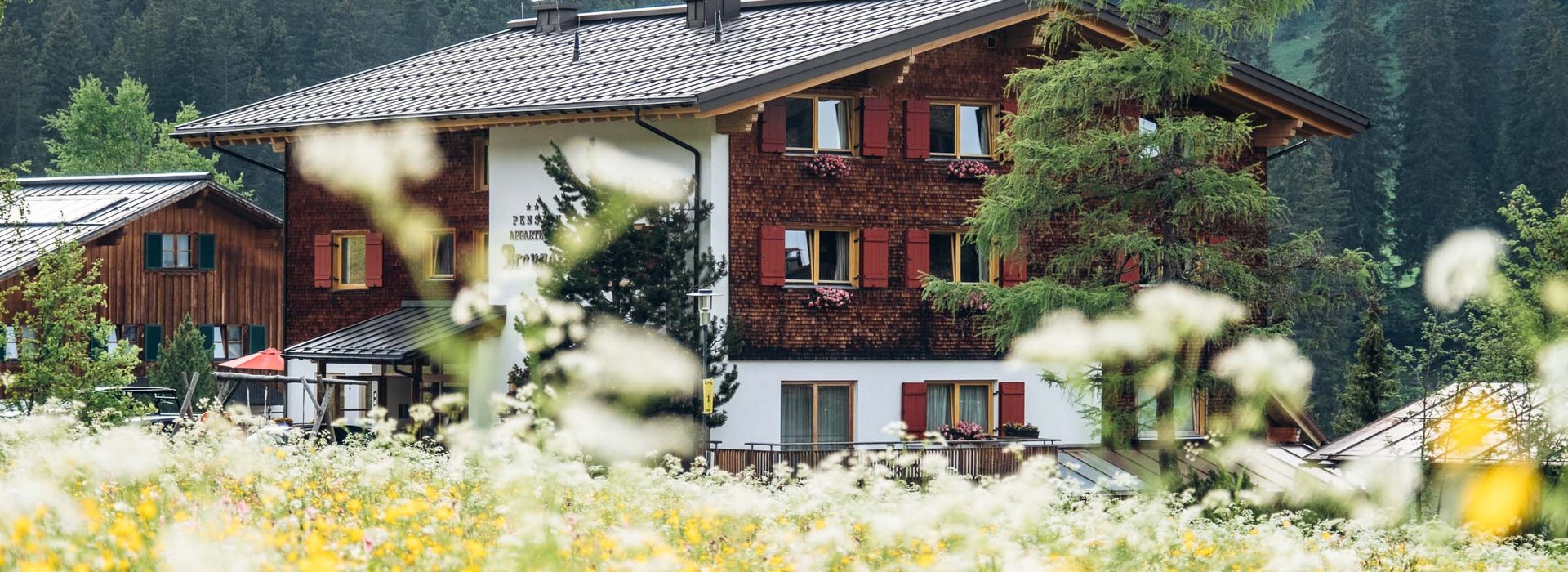 Aussenansicht vom Haus Braunarl mit einer gelb,weißen Blumenwiese im Vordergrund.