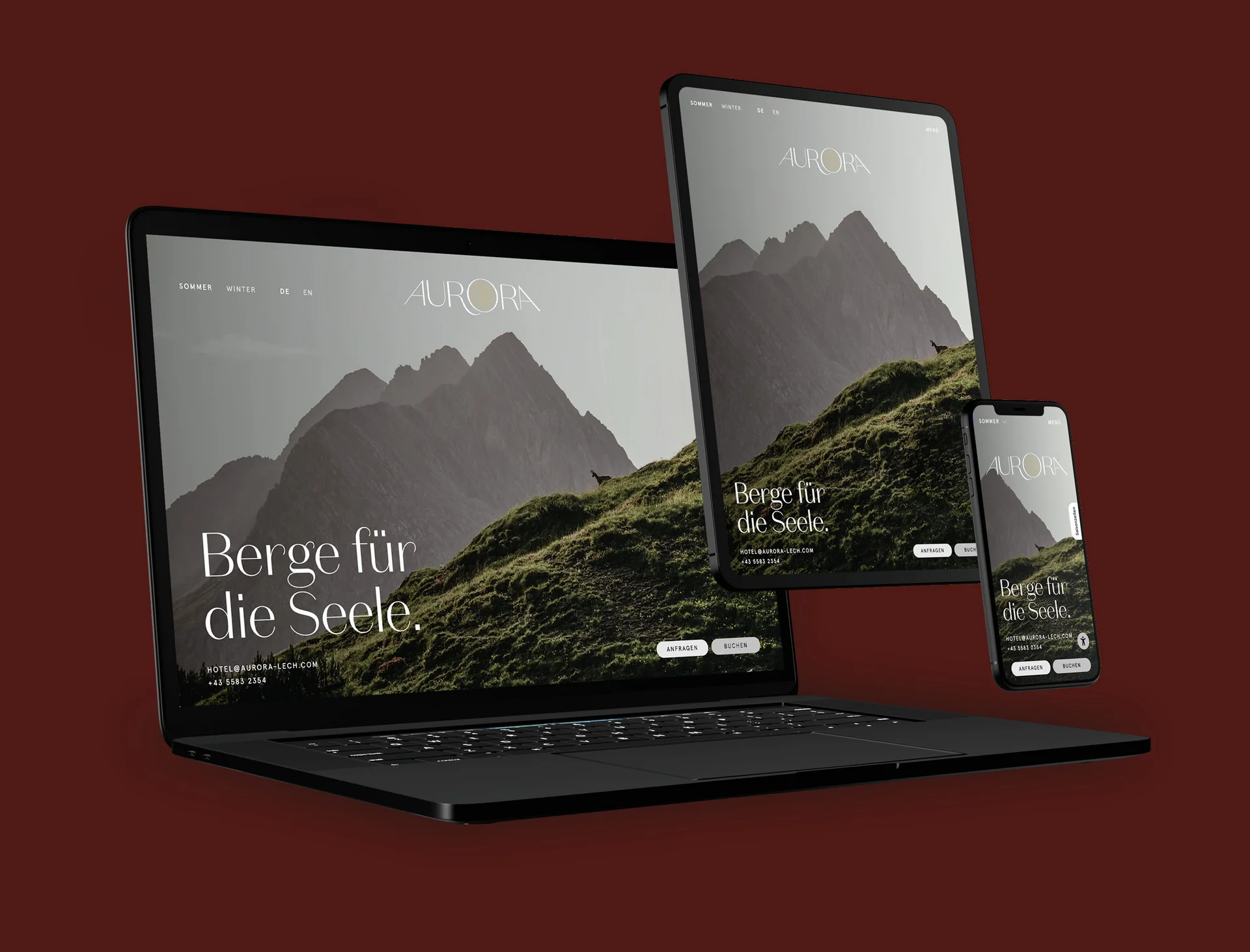 Website Aurora mit Berglandschaft auf Laptop, Tablet und Smartphone