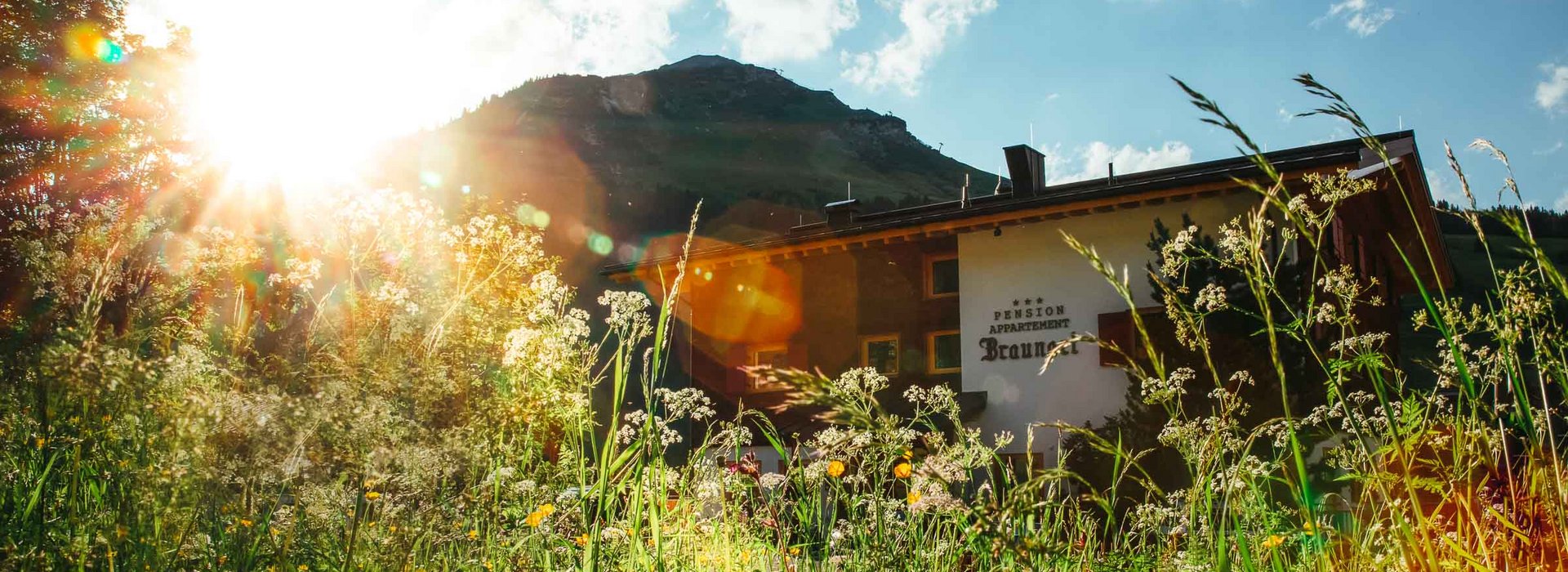 Haus Braunarl Außenansicht mit einer Blumenwiese im Vordergrund