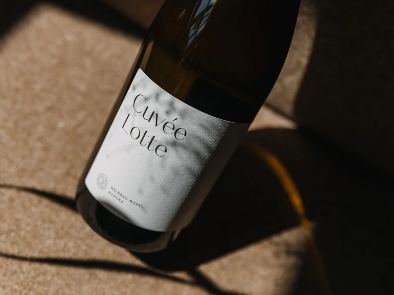 Flasche Wein Cuvée Lotte mit Schatten auf beige Oberfläche