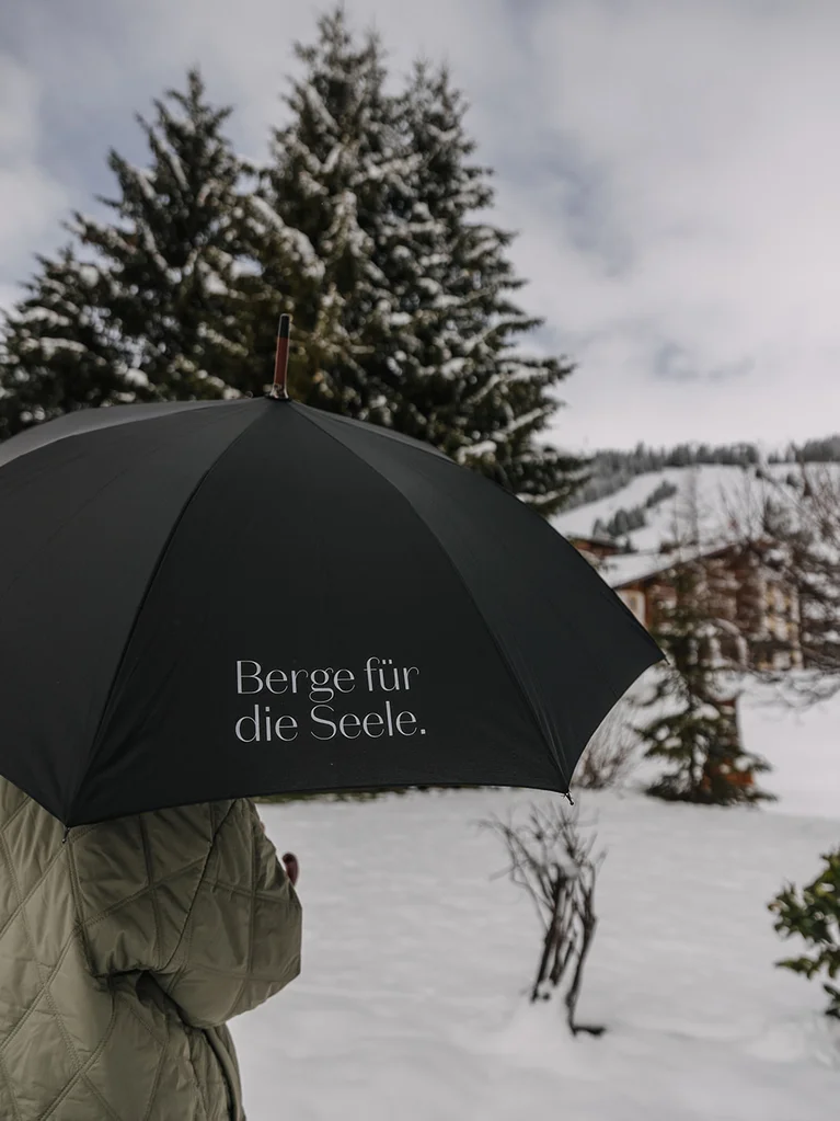 Person holding a black umbrella in a snowy landscape with trees and hills