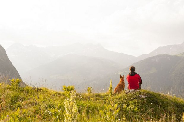 Wanderer mit Hund vor Gipfelpanorama